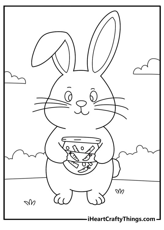 Free printable pdf depicting cute little rabbit holding a big jar of pickled carrots