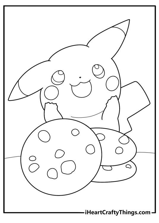 Free printable pdf for children depicting Pokemon Pikachu finding a treat on the ground