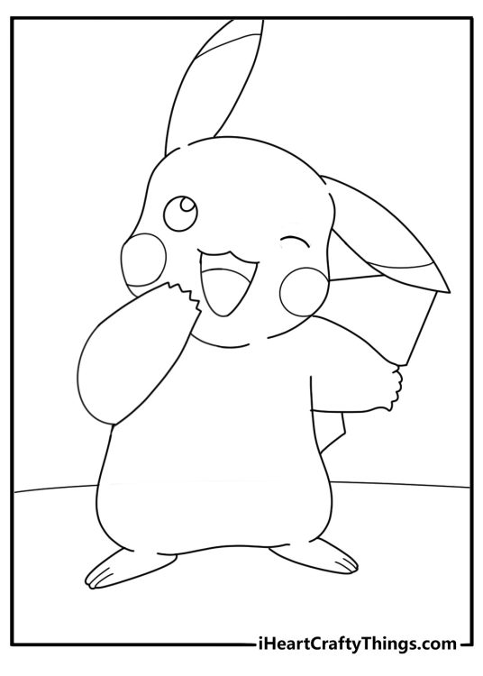 Free printable picture of a Pikachu skipping happily along with one paw on his face