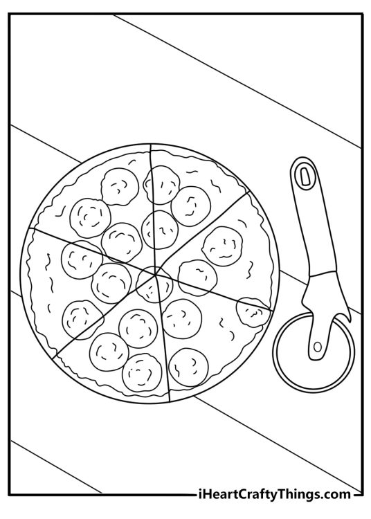 Free printable pizza coloring sheet with a pizza cutter beside a slice