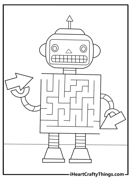 Free printable robot maze coloring sheet with path inside torso