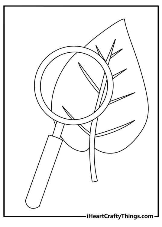 Free printable science coloring sheet with a magnifying glass over a leaf