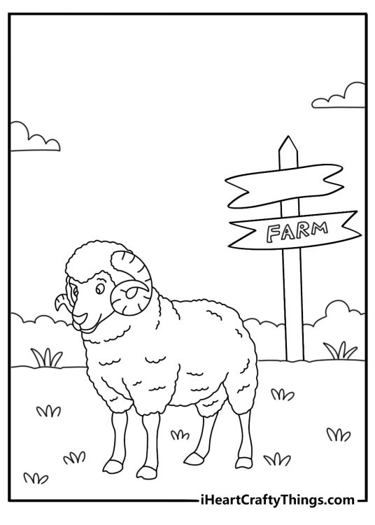 Free printable sheep coloring sheet with a ram near a wooden sign on a trail