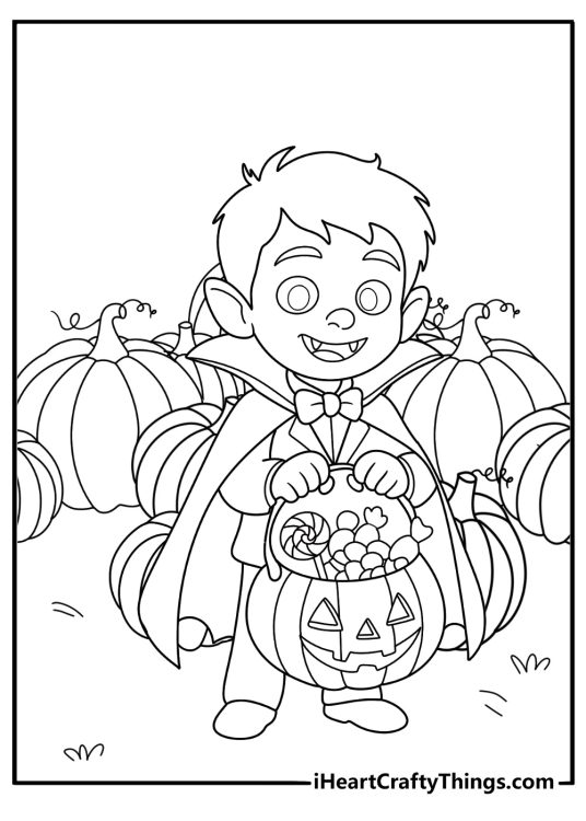 Free printable vampire coloring page showing kawaii baby vampire with pumpkin pail for trick or treat