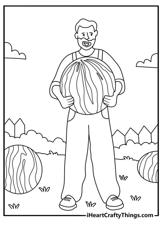 Free printable watermelon coloring pages with a farmer carrying a large fruit from the field