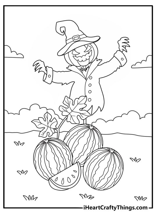 Free printable watermelon coloring pages with a scarecrow standing in a melon patch
