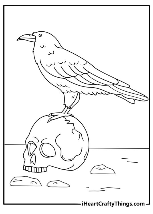 Free raven coloring pages printable with a raven beside a skull