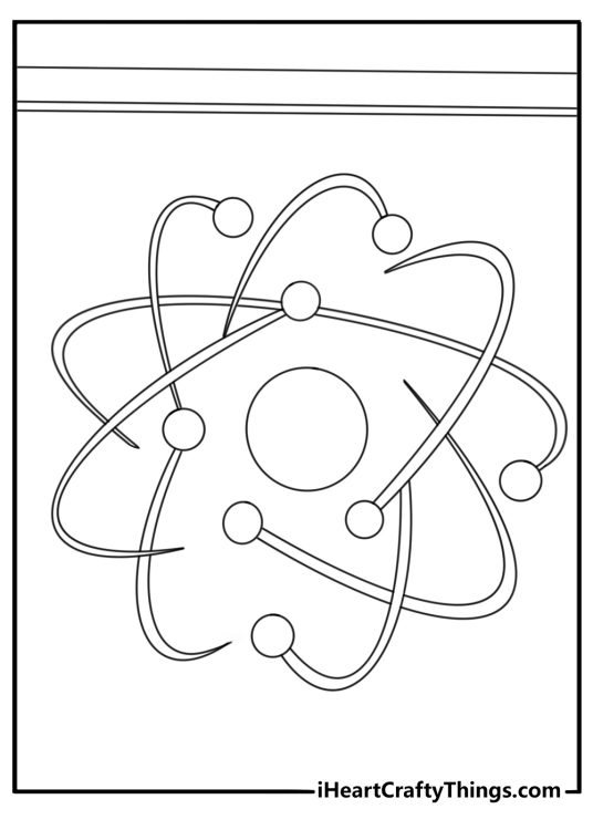 Free science coloring pages printable with an atom model on a chalkboard