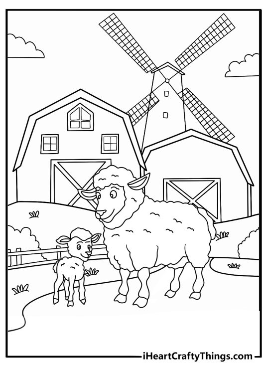 Free sheep printable with a ewe and lamb near a windmill