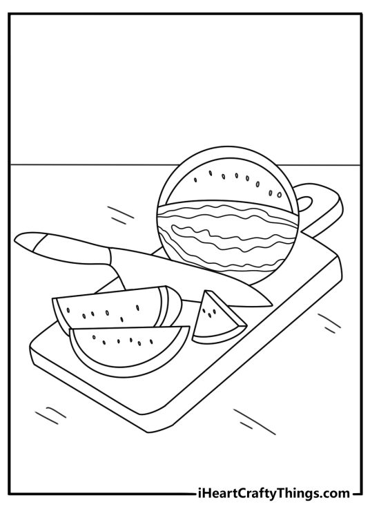 Free watermelon coloring pages with a knife cutting a ripe fruit on a board