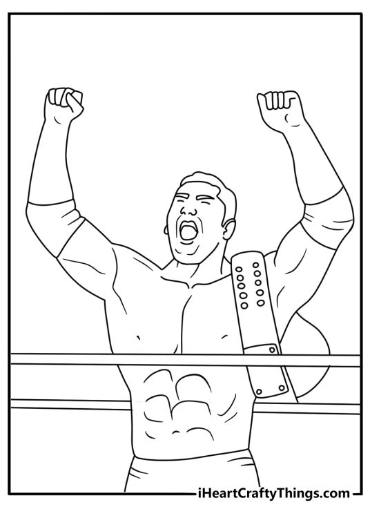 Free wrestling coloring sheet with a champion holding both arms up