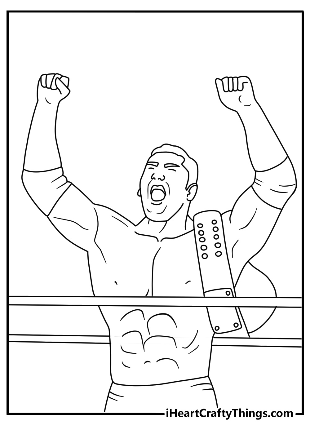 Free wrestling coloring sheet with a champion holding both arms up