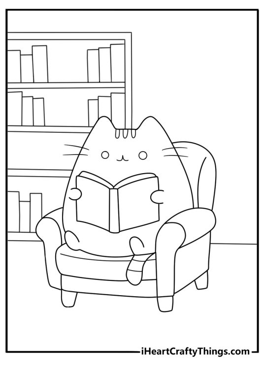 Fun coloring page for kids with Pusheen reading a big storybook while curled up in a library corner