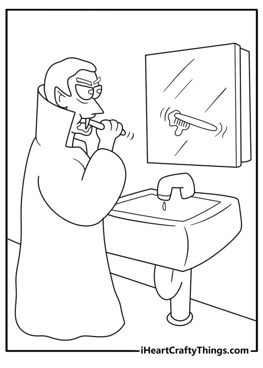 Funny vampire printable where the mirror shows no reflection while brushing fangs in a bathroom