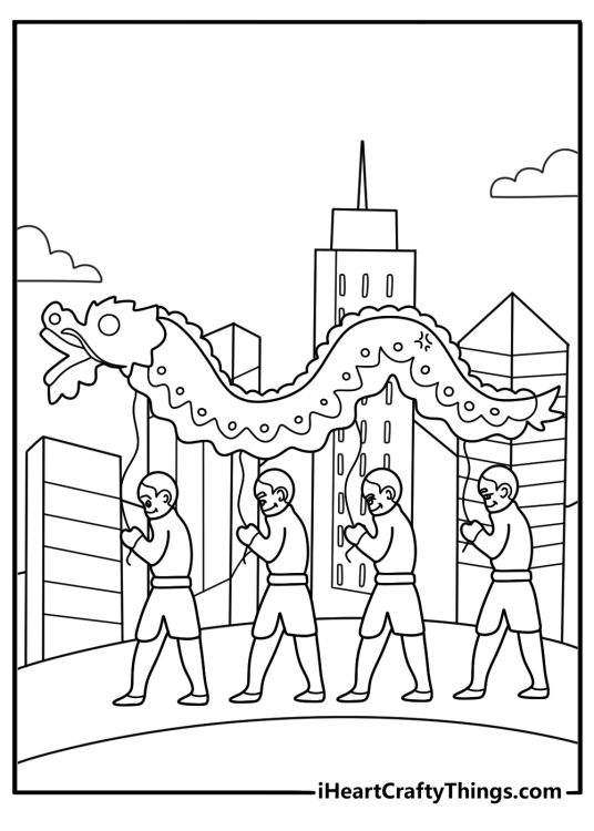 Giant parade dragon balloon marching city street coloring sheet pdf