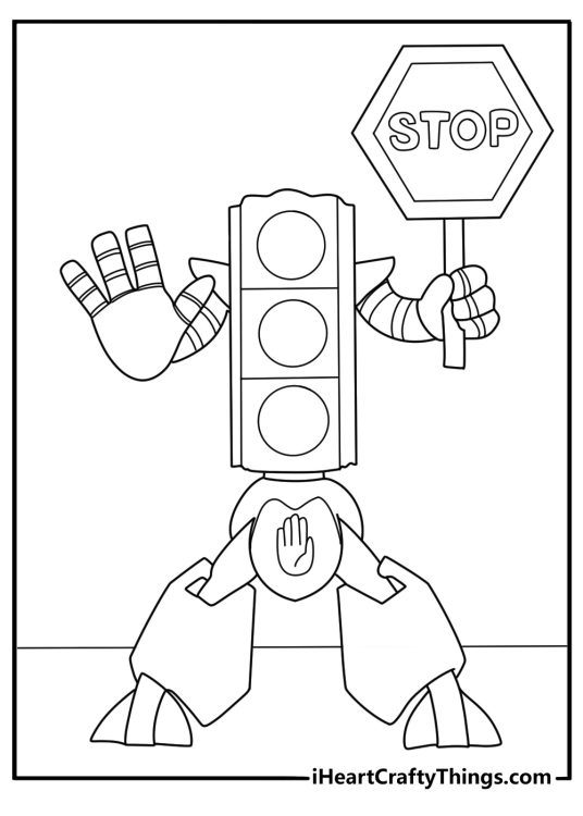 Giant service robot printable holding traffic sign in city street