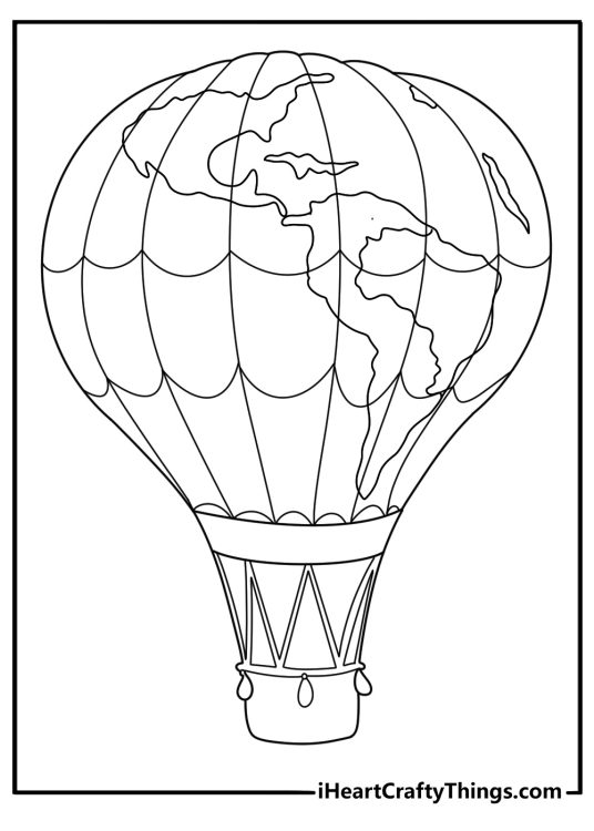 Globe balloon with world map pattern detailed coloring printable