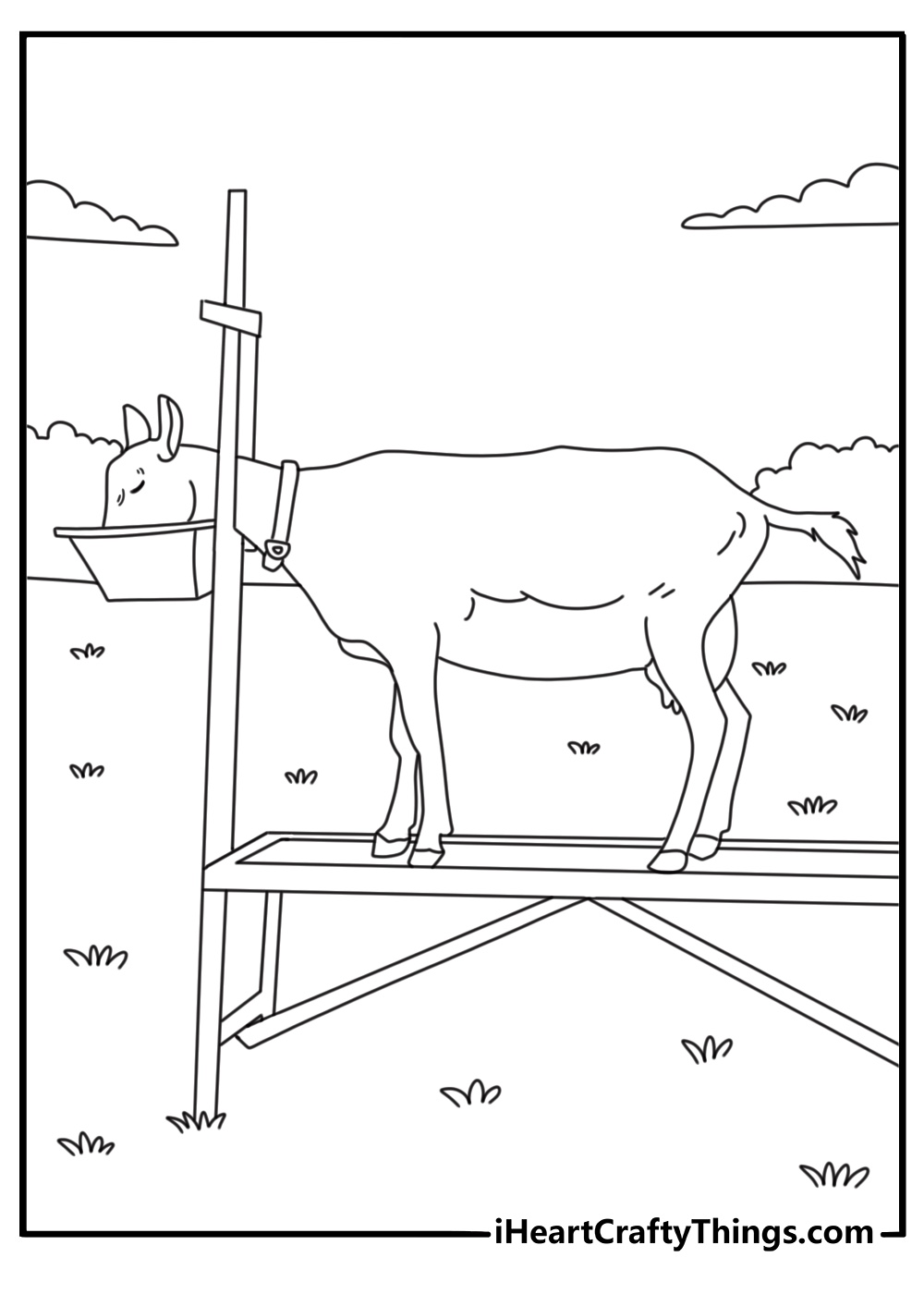 Goat at milking stand with pail farm life coloring page pdf