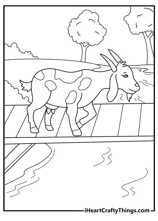 Goat crossing narrow bridge over stream adventure coloring sheet pdf