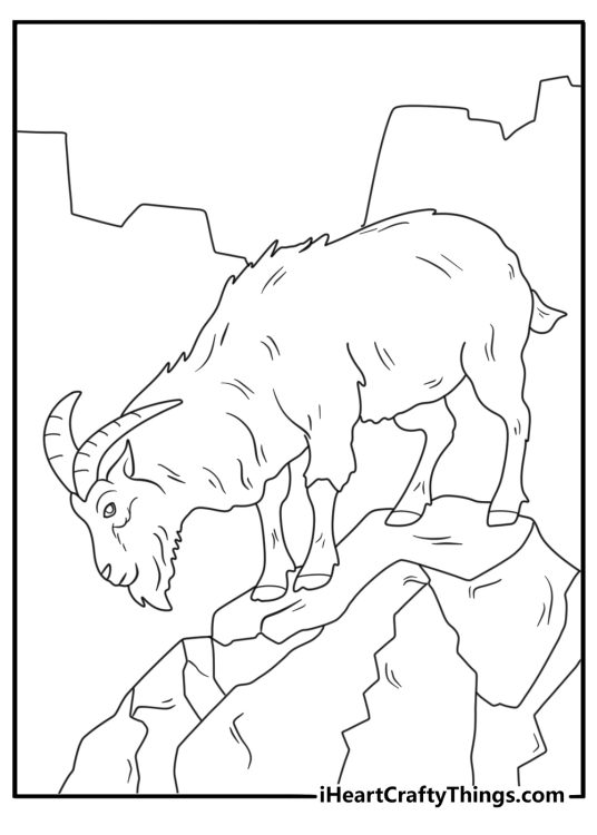 Goat on rocky cliff balancing coloring page printable pdf