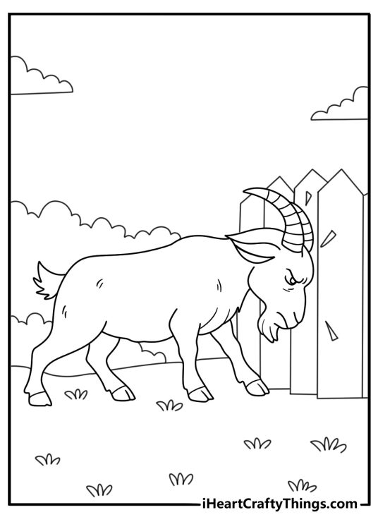 Goat using head to push a fence post action coloringpage