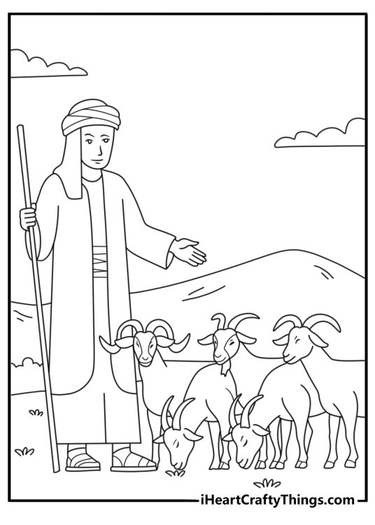 Goat with shepherd walking along country road peaceful coloring printable