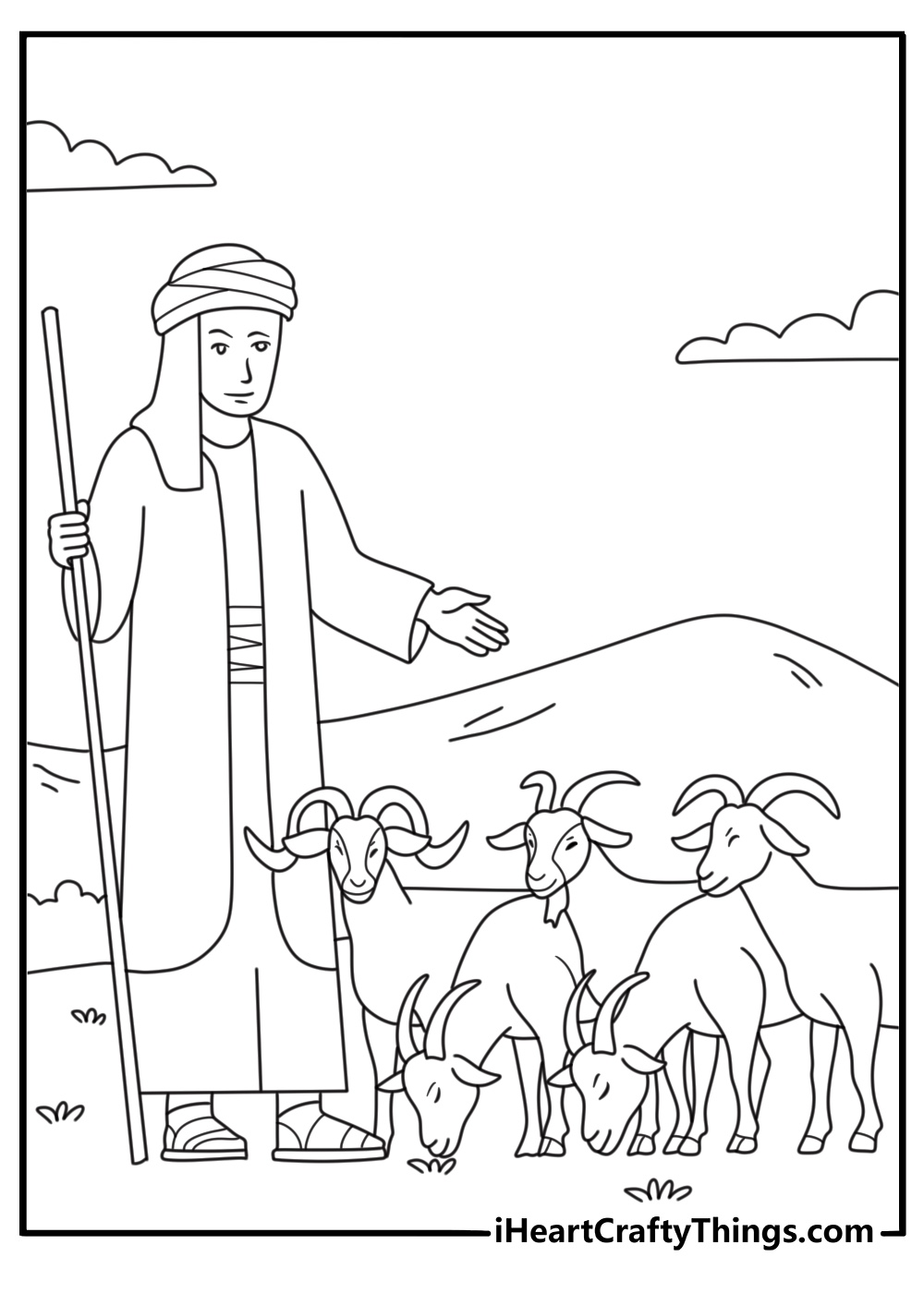 Goat with shepherd walking along country road peaceful coloring printable