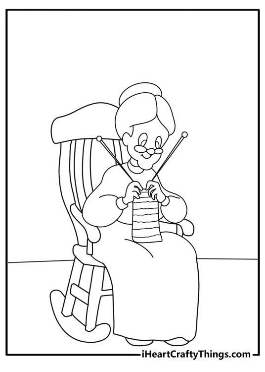 Granny knitting in rocking chair with yarn basket cozy printable coloring page