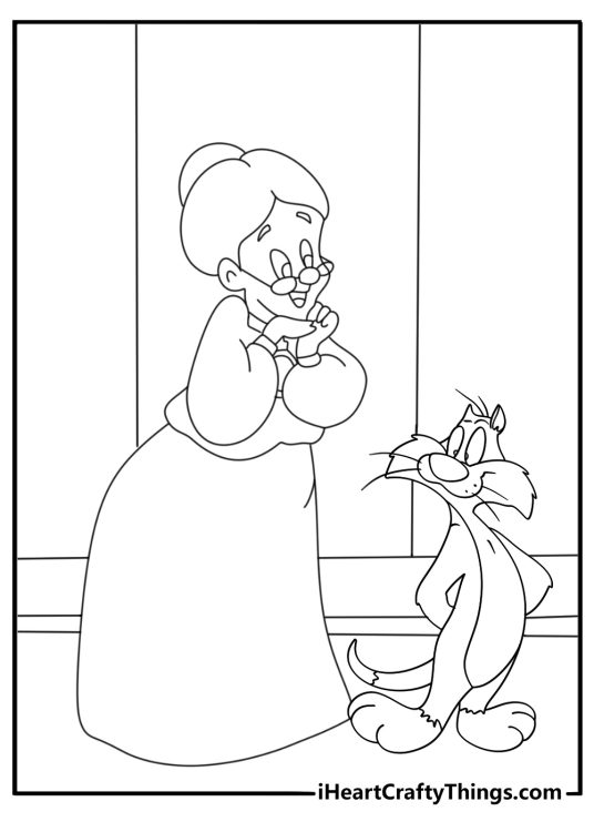Granny walking with pet cat in city street scene coloring page