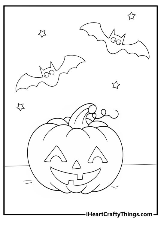Halloween bat coloring page above pumpkin and stars free printable
