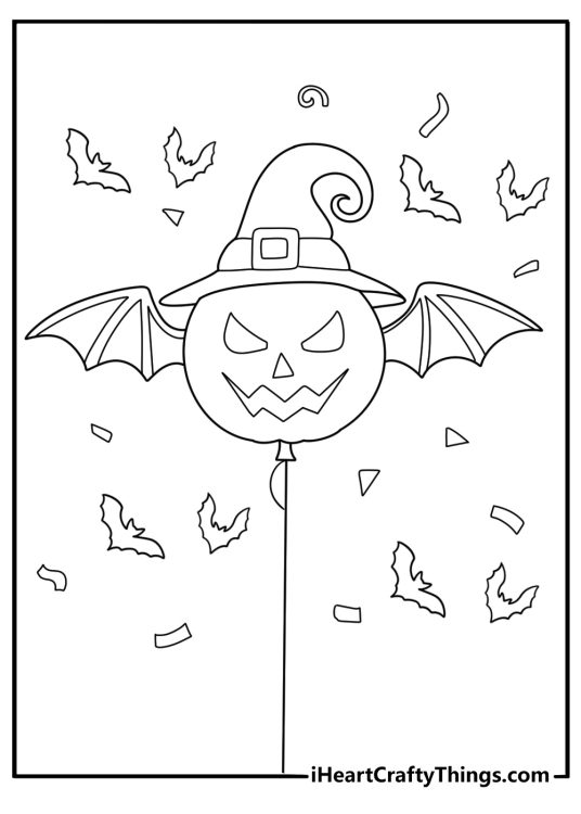 Halloween pumpkin balloon with bat confetti coloring page for kids