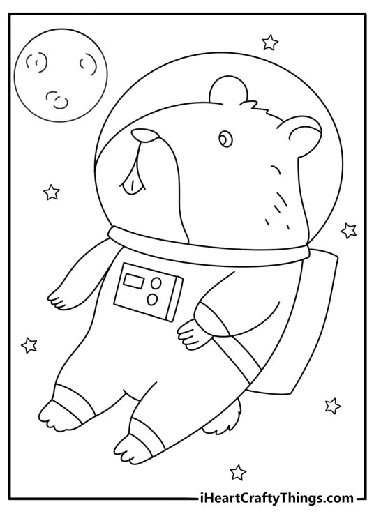 Hamster astronaut floating in space helmet detailed coloring page