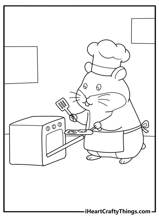 Hamster baking cookies on tray cute coloring page