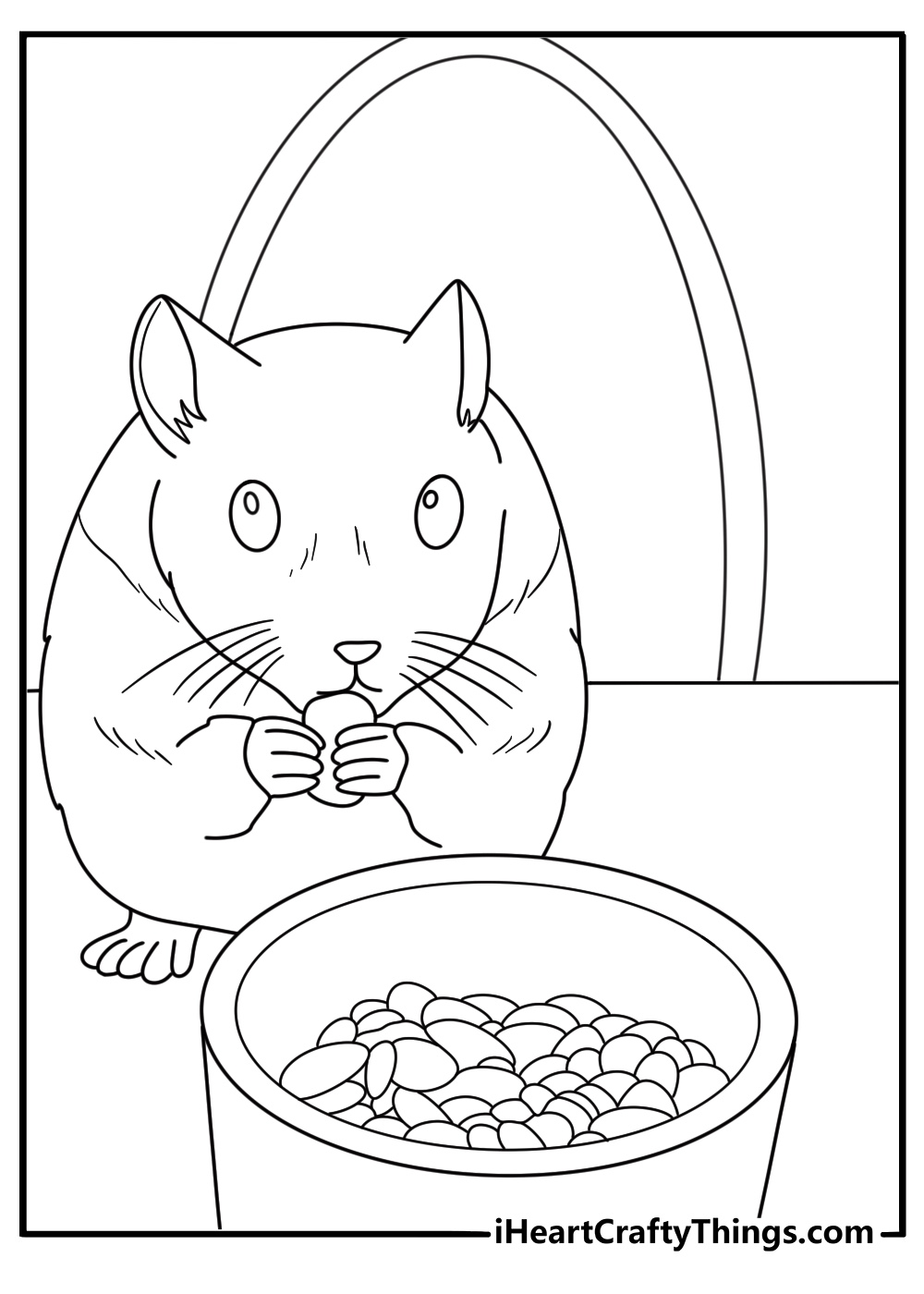 Hamster carrying food pellet to small house simple coloring page