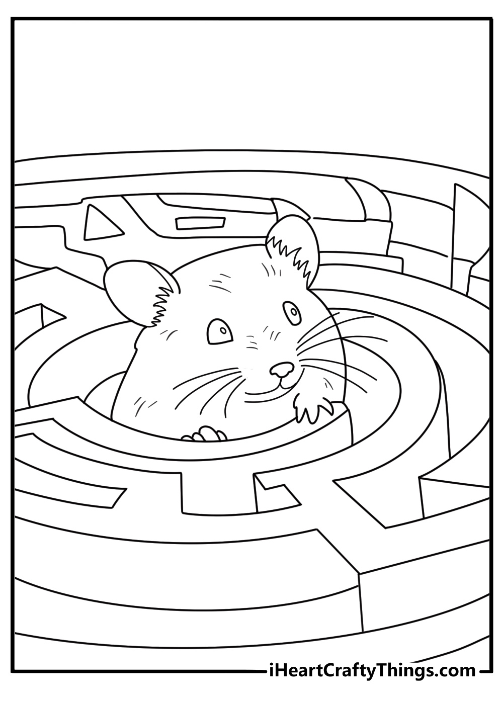 Hamster exploring cardboard maze tunnel coloring sheet