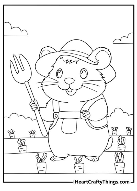 Hamster farmer beside carrot patch fun printable coloring sheet
