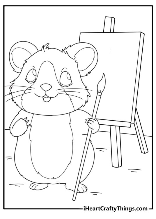 Hamster holding paintbrush near easel art themed coloring page
