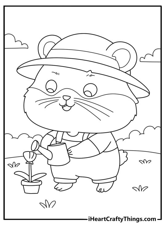 Hamster in flower pot garden scene simple coloring sheet