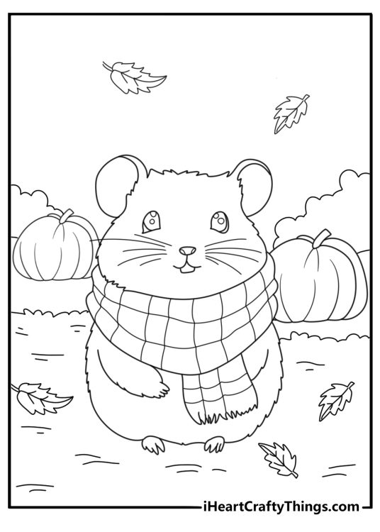 Hamster next to pumpkin in autumn scene easy coloring page