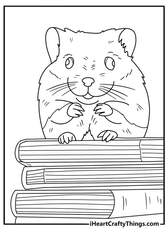 Hamster on stack of books in classroom printable coloring sheet