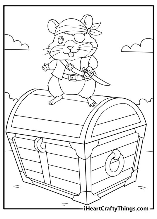 Hamster pirate with eye patch on treasure chest coloring sheet