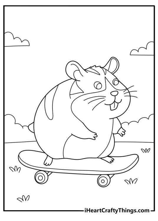 Hamster riding small skateboard fun coloring printable