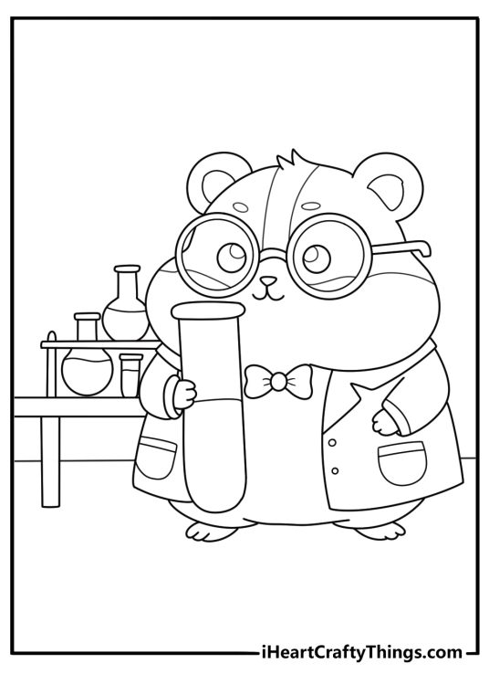 Hamster scientist with lab flask and test tubes printable coloring sheet