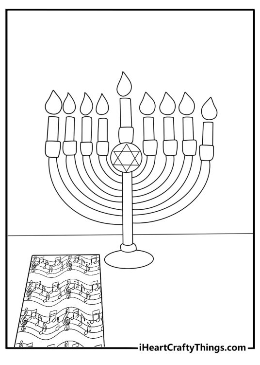 Hanukkah songbook with music notes and candle icon coloring sheet for kids