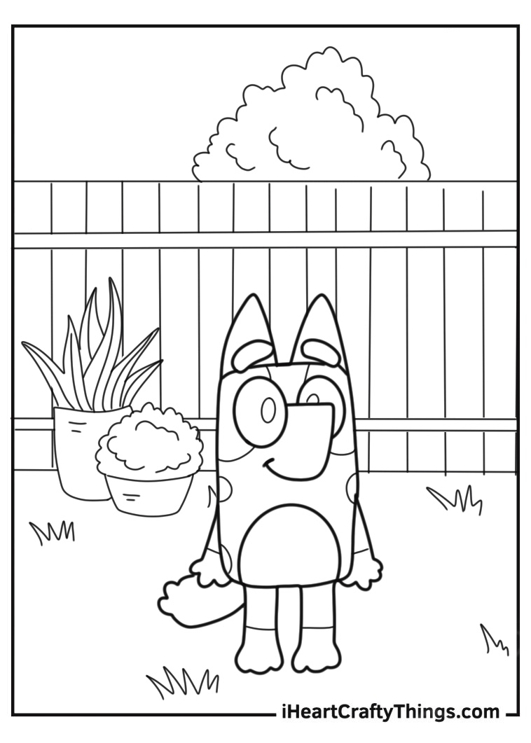 Happy Bluey Standing In Backyard Coloring Sheet