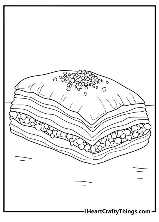 Hard dessert coloring pages showing baklava pieces with nut layers