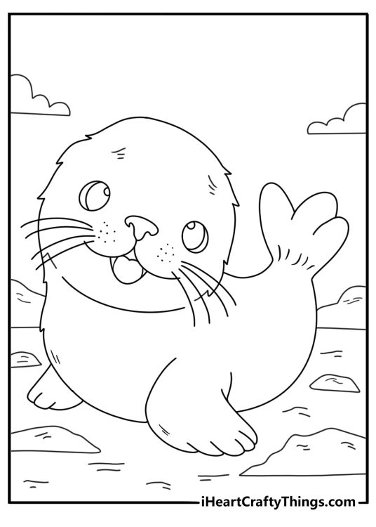 Harp seal coloring page with white fur pup on frozen sea
