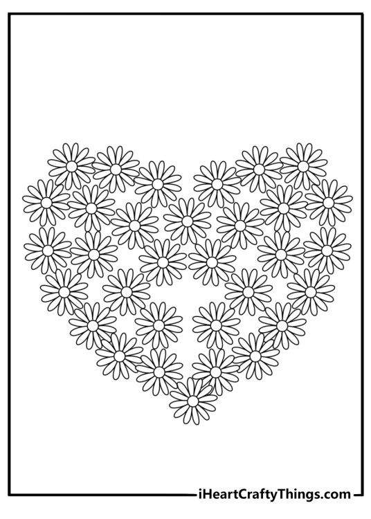 Heart shape made of daisies coloring page printable for adults