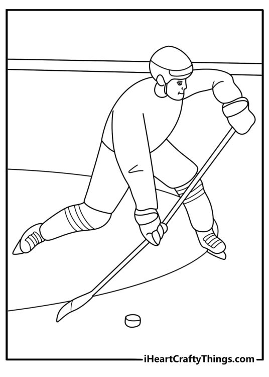 Hockey player tees up a slap shot on outdoor rink winter sports February coloring page printable