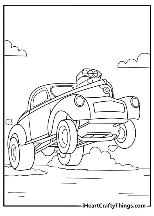 Hot Rod coloring page with raised rear wheels drag race stance